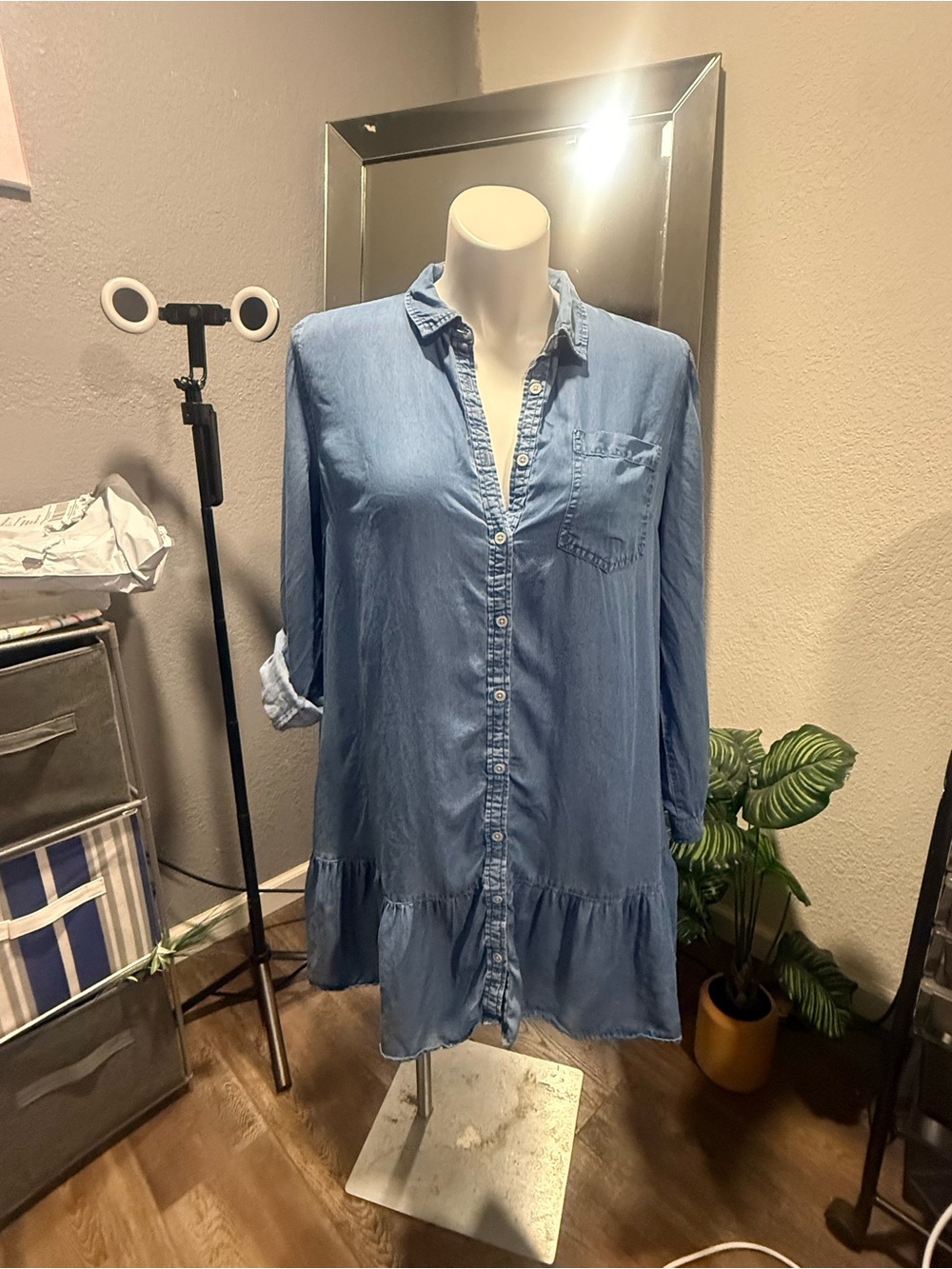 Time and Tru Light Blue Denim Button-Front Shirt Dress